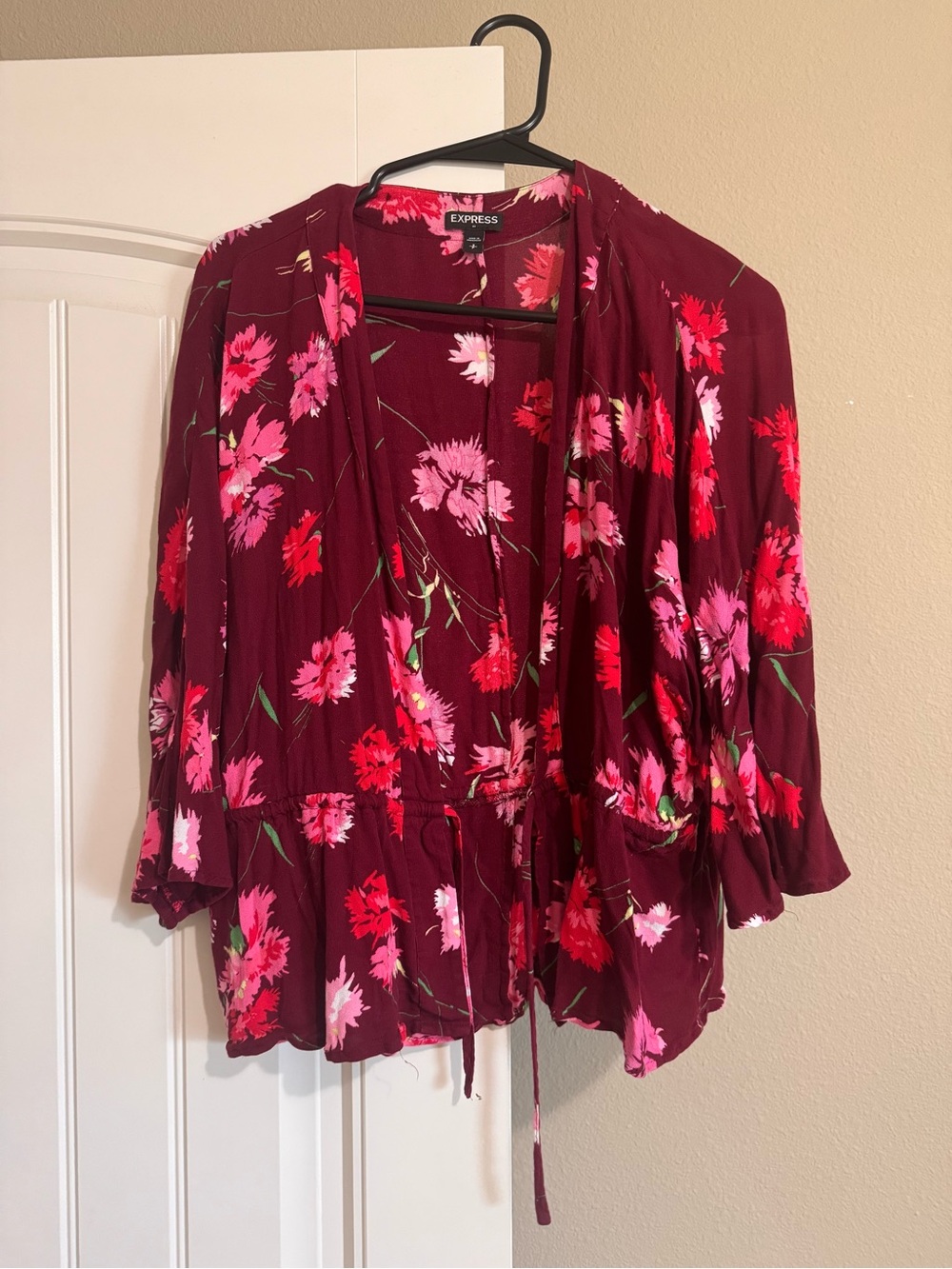 Express Burgundy Floral Open-Front Tunic with Drawstring